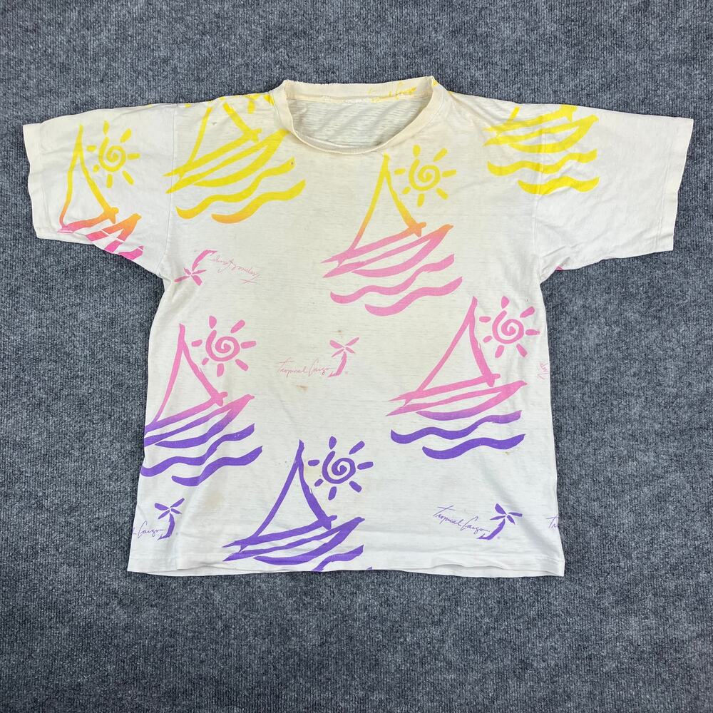 Tropical Cargo T-Shirt Men Size L White Multicolor Graphic Vintage 80s Sailboat‎